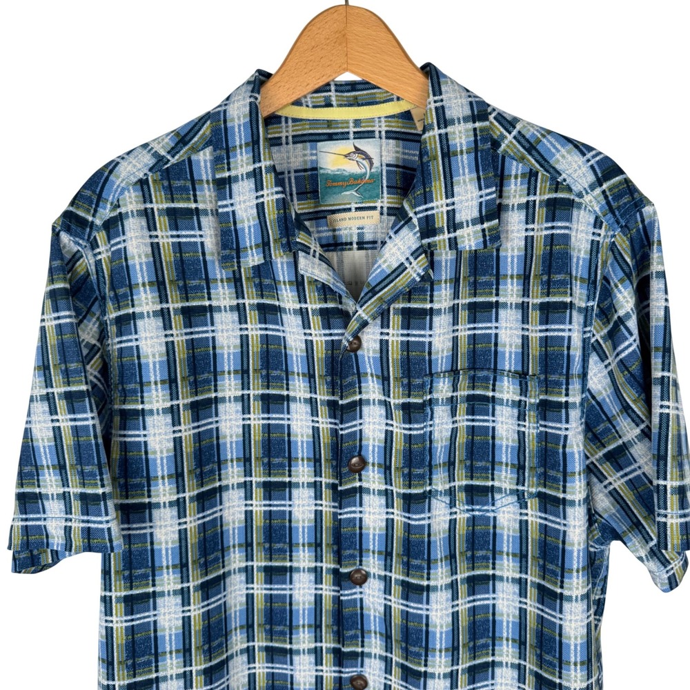 Tommy Bahama Camp Shirt Island‎ Modern Fit Mens Large Silk Blue Green Plaid